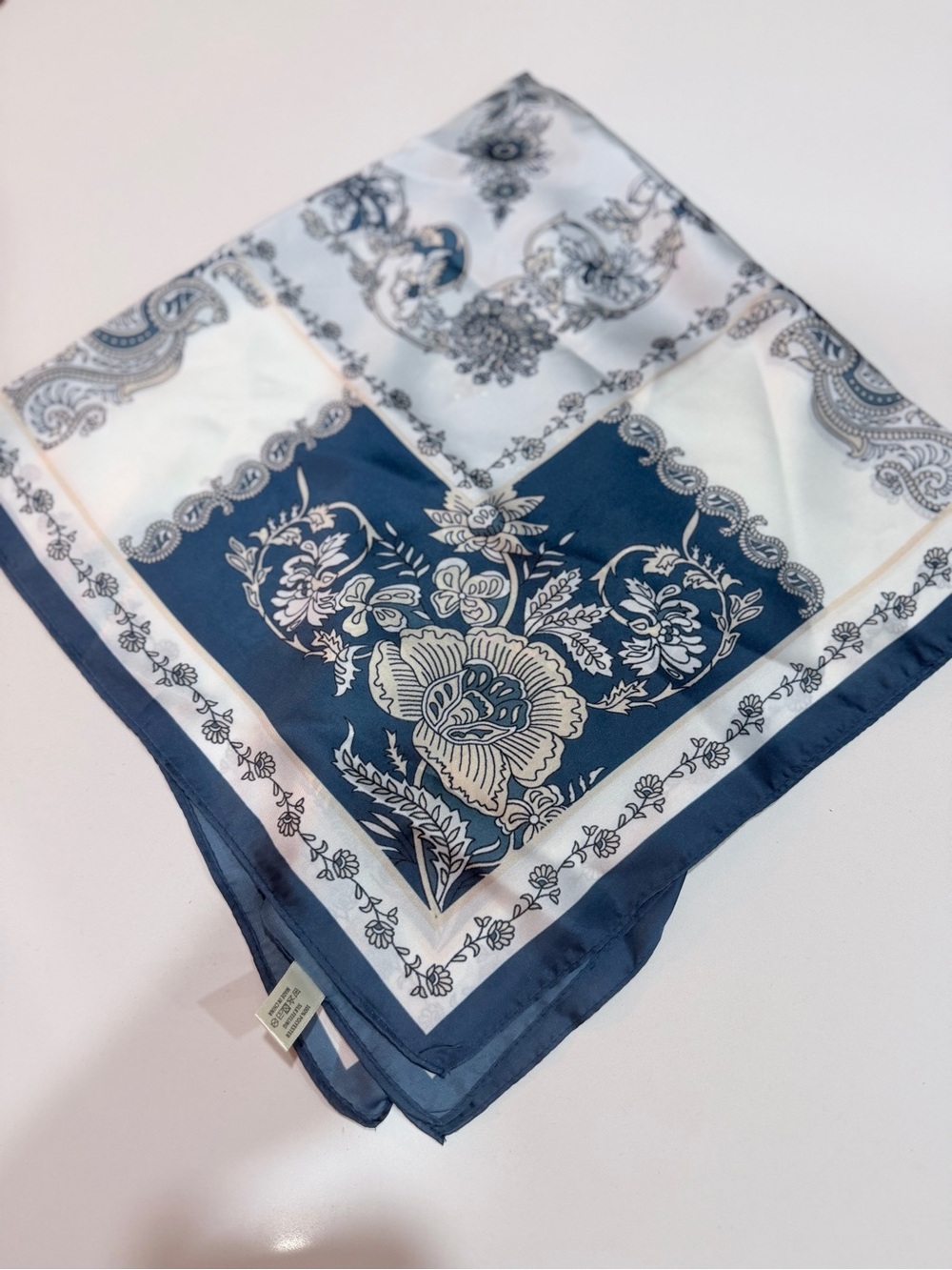 Classic Navy Blue and White Floral Scarf - Unbranded 27” x 27”